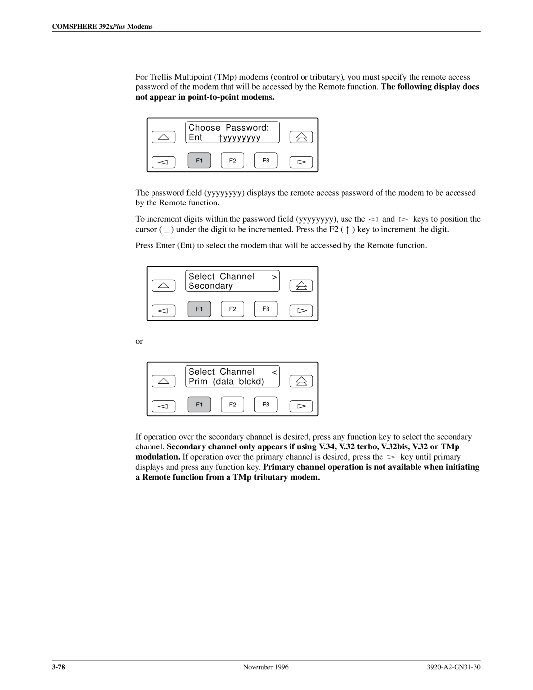 Paradyne 392xPLUS operation manual Choose Password Ent yyyyyyyy, Select Channel Secondary Prim Data blckd 