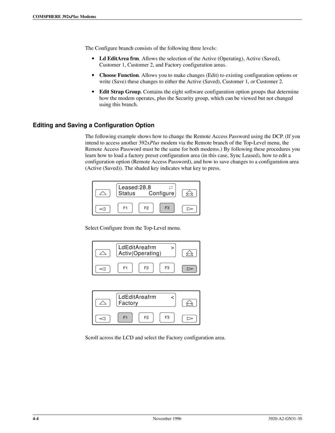 Paradyne 392xPLUS Editing and Saving a Configuration Option, LdEditAreafrm ActivOperating, LdEditAreafrm Factory 