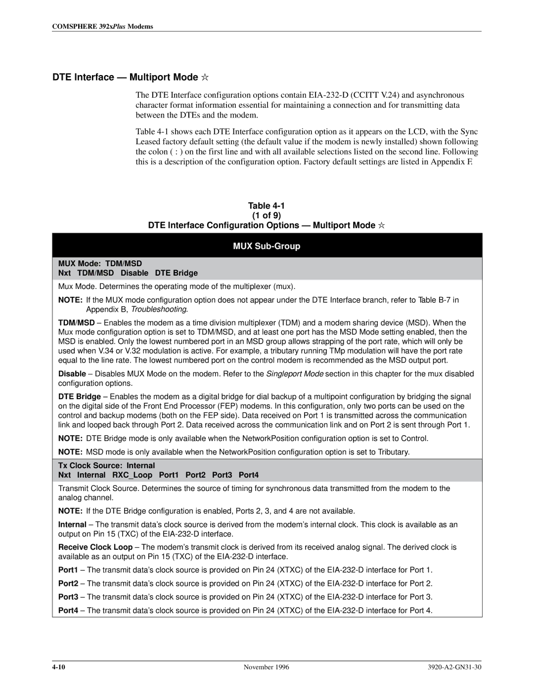 Paradyne 392xPLUS operation manual DTE Interface Ð Multiport Mode l, DTE Interface Configuration Options Ð Multiport Mode l 