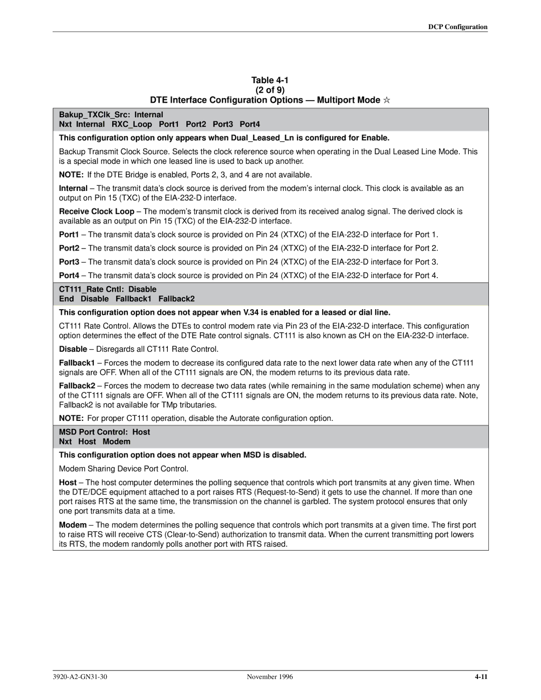 Paradyne 392xPLUS operation manual DTE Interface Configuration Options Ð Multiport Mode l 