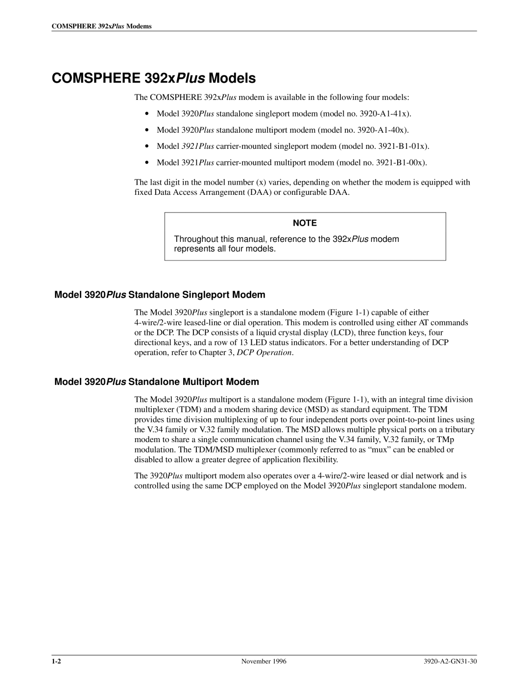 Paradyne 392xPLUS operation manual Comsphere 392xPlus Models, Model 3920Plus Standalone Singleport Modem 