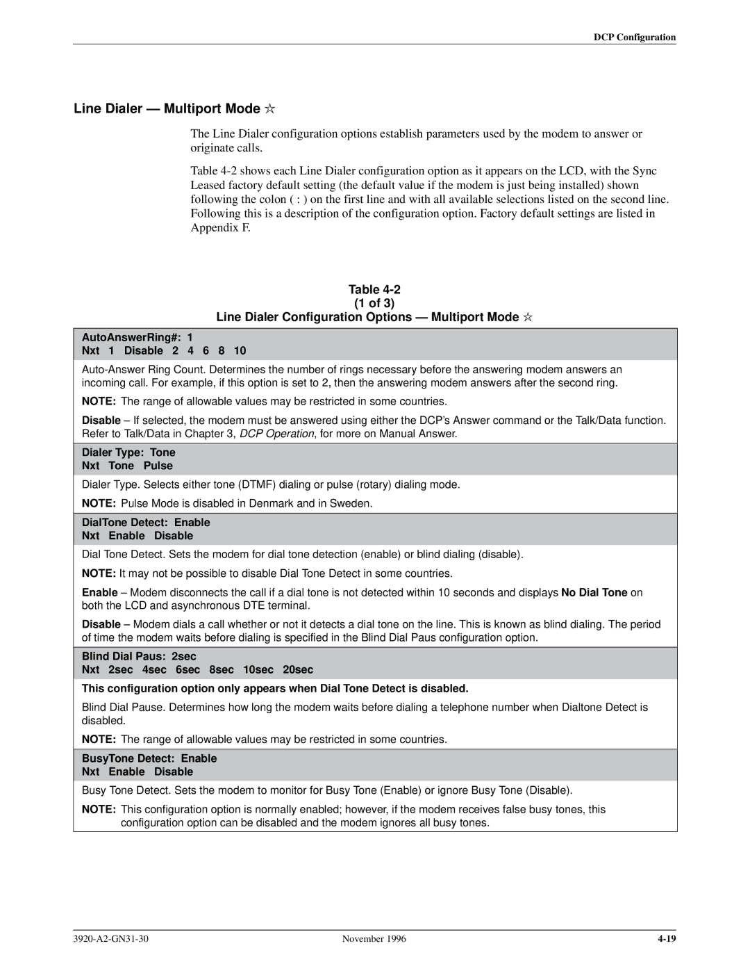 Paradyne 392xPLUS operation manual Line Dialer Ð Multiport Mode l, Line Dialer Configuration Options Ð Multiport Mode l 