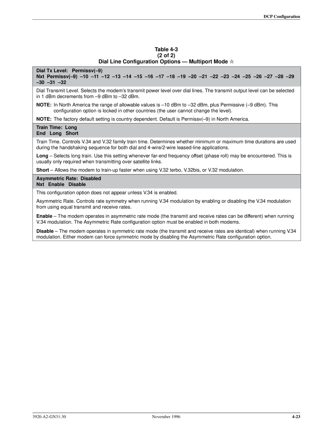 Paradyne 392xPLUS operation manual Train Time Long End Long Short, Asymmetric Rate Disabled Nxt Enable Disable 