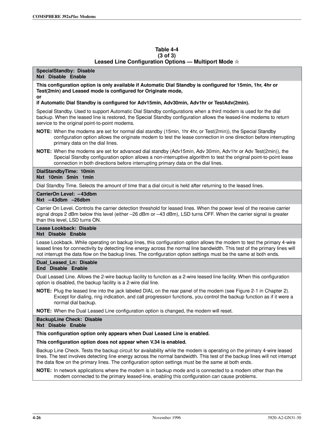 Paradyne 392xPLUS operation manual DialStandbyTime 10min Nxt 10min 5min 1min, CarrierOn Level ± 43dbm Nxt ± 43dbm ±26dbm 