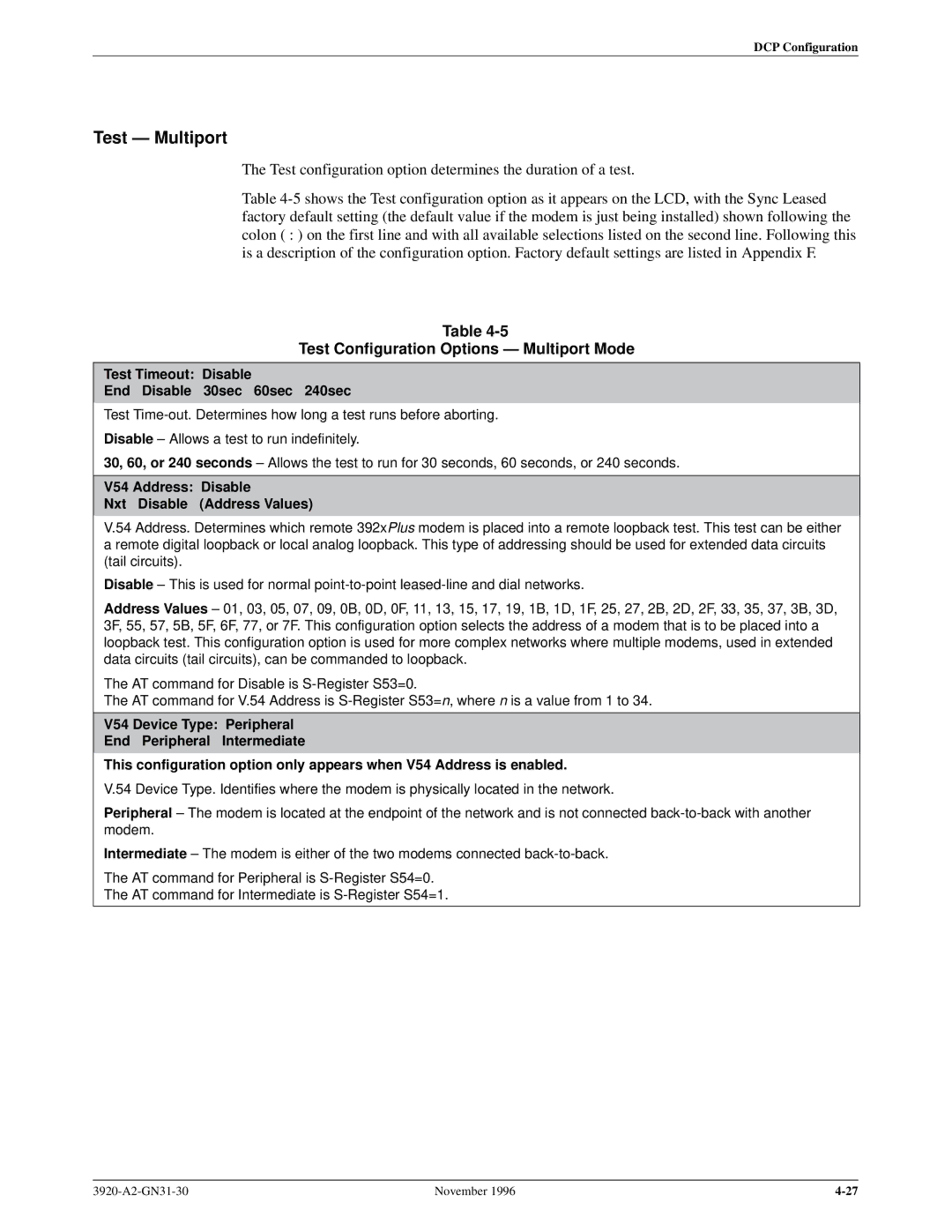 Paradyne 392xPLUS operation manual Test Ð Multiport l, Test Configuration Options Ð Multiport Mode l 