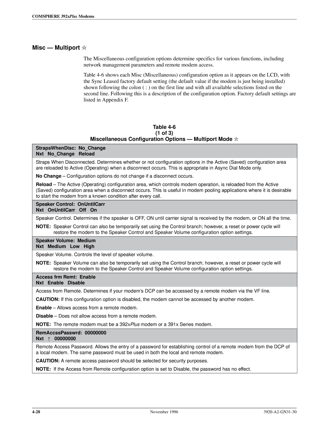 Paradyne 392xPLUS operation manual Misc Ð Multiport l, Miscellaneous Configuration Options Ð Multiport Mode l 