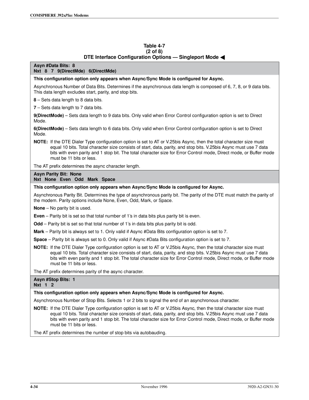 Paradyne 392xPLUS operation manual DTE Interface Configuration Options Ð Singleport Mode a 