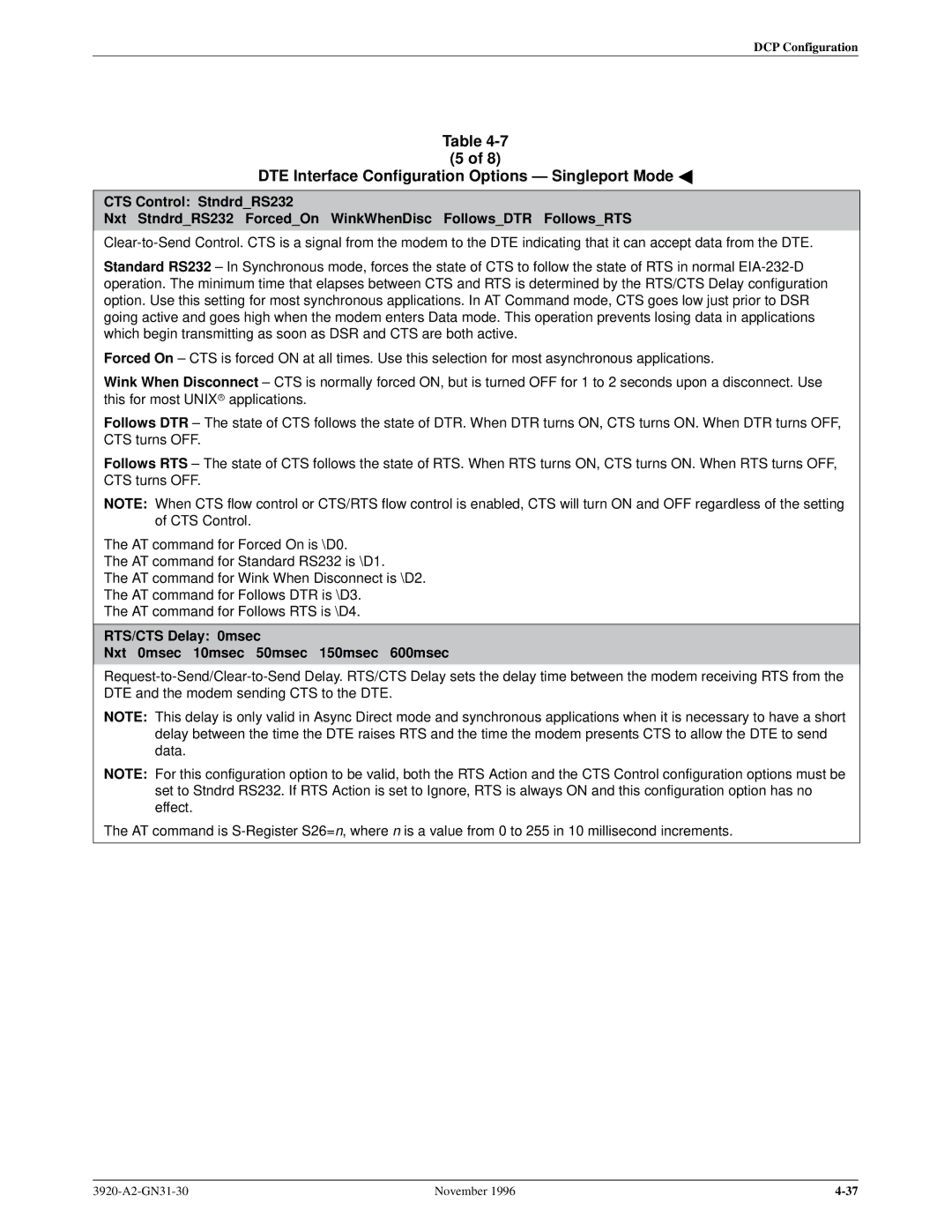 Paradyne 392xPLUS operation manual RTS/CTS Delay 0msec Nxt 0msec 10msec 50msec 150msec 600msec 