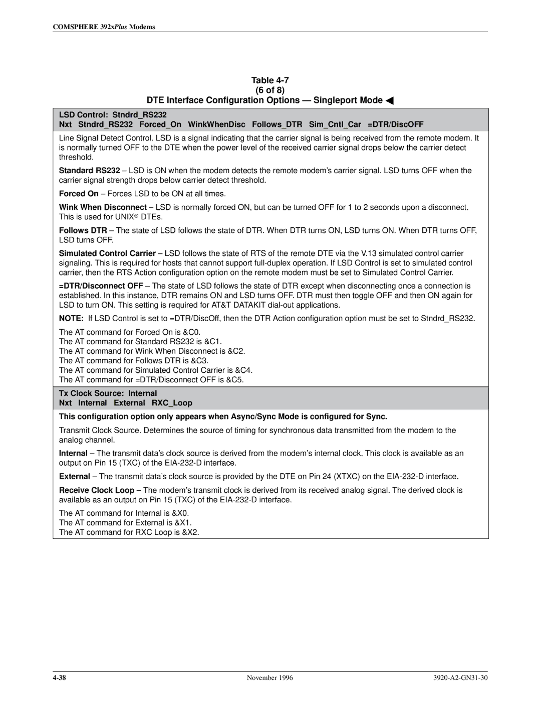 Paradyne 392xPLUS operation manual DTE Interface Configuration Options Ð Singleport Mode a 