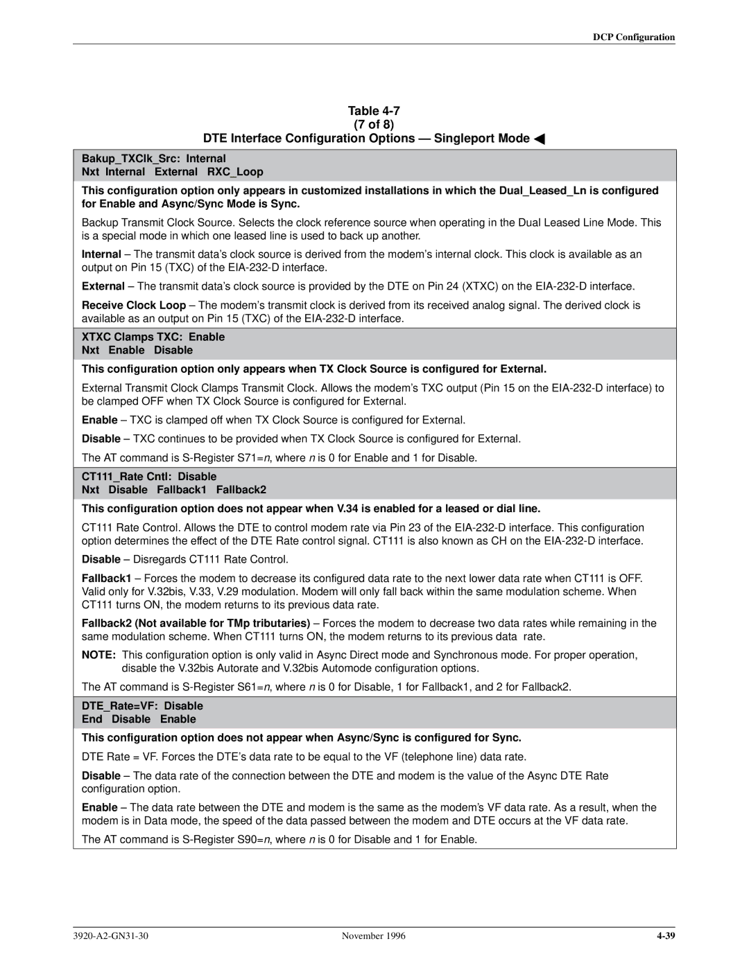 Paradyne 392xPLUS operation manual DTE Interface Configuration Options Ð Singleport Mode a 