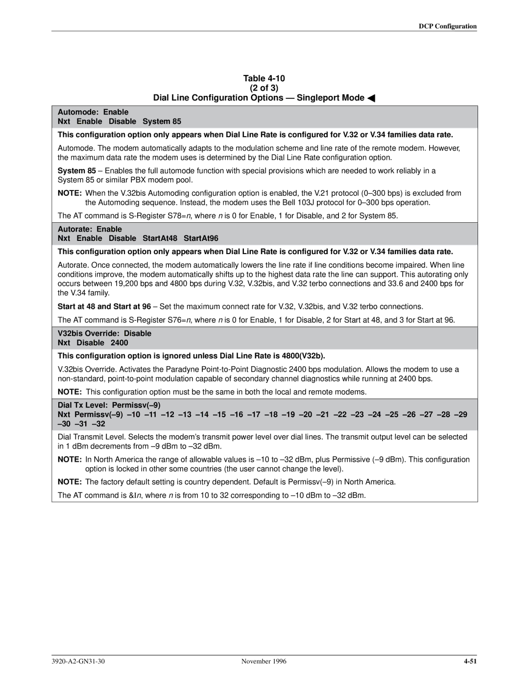 Paradyne 392xPLUS operation manual Dial Line Configuration Options Ð Singleport Mode a 