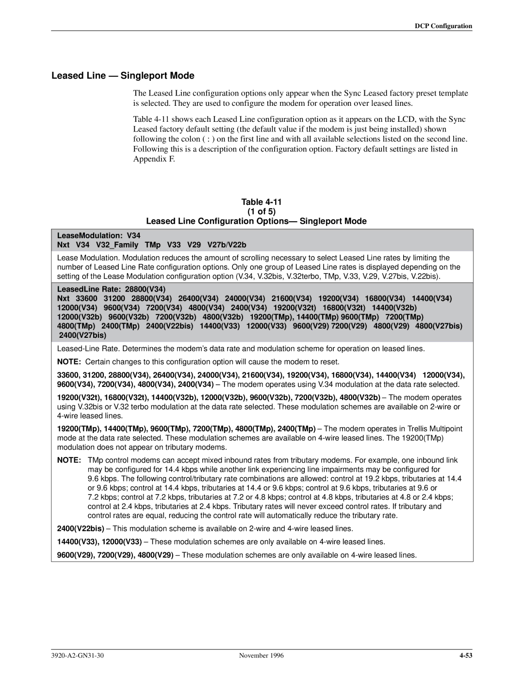 Paradyne 392xPLUS operation manual Leased Line Ð Singleport Mode a, Leased Line Configuration OptionsÐ Singleport Mode a 