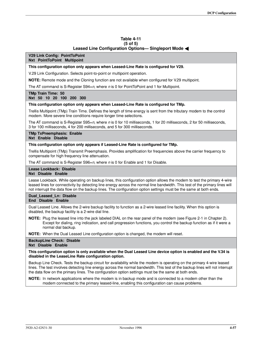 Paradyne 392xPLUS operation manual Lease Lookback Disable Nxt Disable Enable 