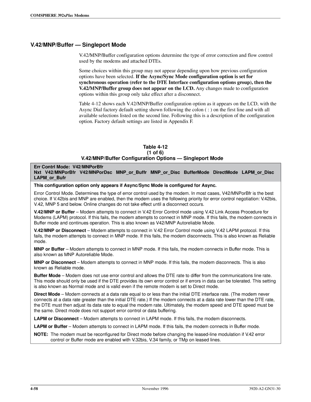 Paradyne 392xPLUS 42/MNP/Buffer Ð Singleport Mode a, 42/MNP/Buffer Configuration Options Ð Singleport Mode a 