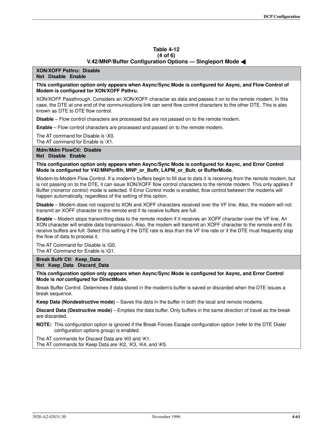 Paradyne 392xPLUS operation manual 42/MNP/Buffer Configuration Options Ð Singleport Mode a 