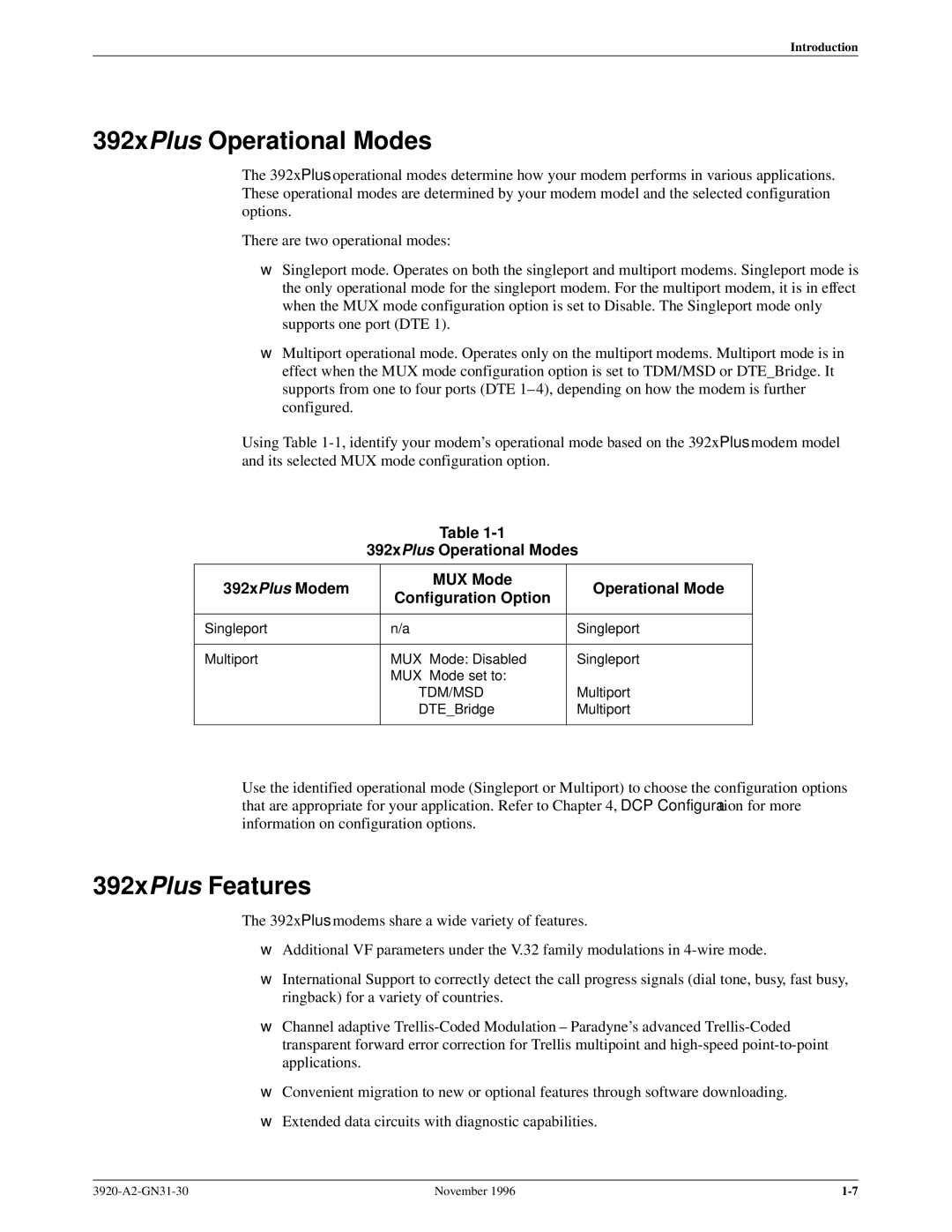 Paradyne 392xPLUS operation manual 392xPlus Operational Modes, 392xPlus Features 