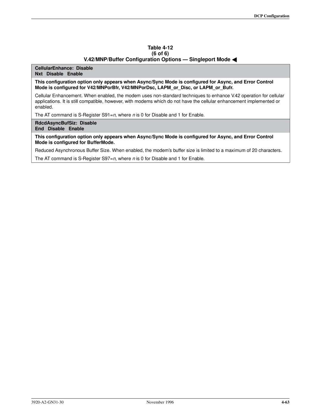 Paradyne 392xPLUS operation manual 42/MNP/Buffer Configuration Options Ð Singleport Mode a 