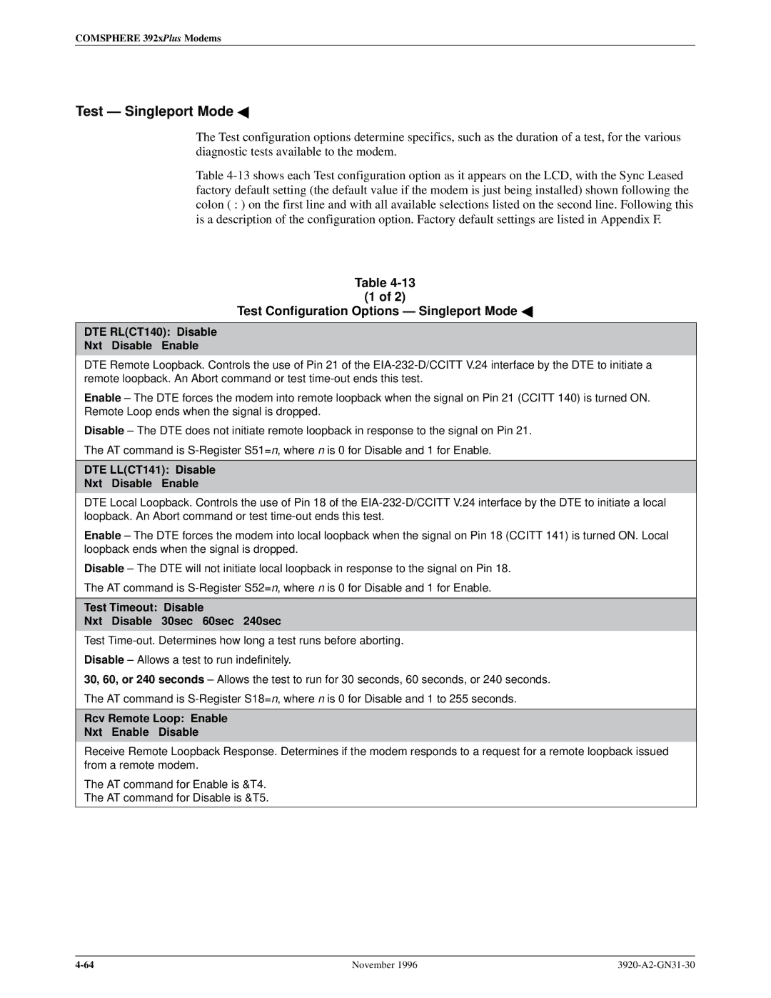 Paradyne 392xPLUS operation manual Test Ð Singleport Mode a, Test Configuration Options Ð Singleport Mode a 