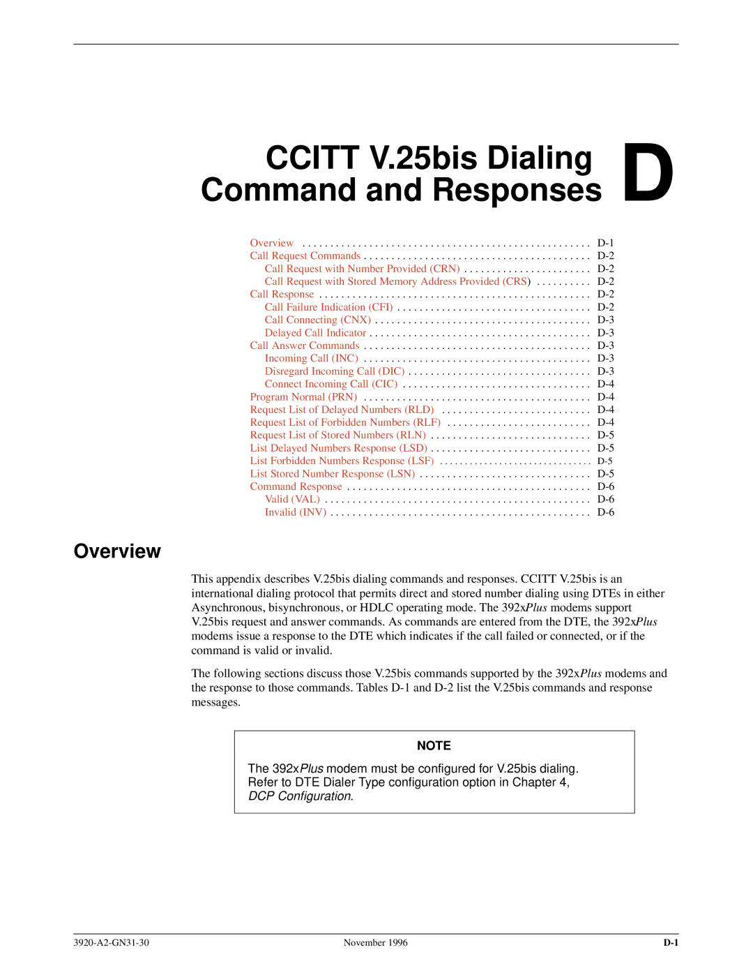 Paradyne 392xPLUS operation manual Ccitt V.25bis Dialing D Command and Responses, Overview 