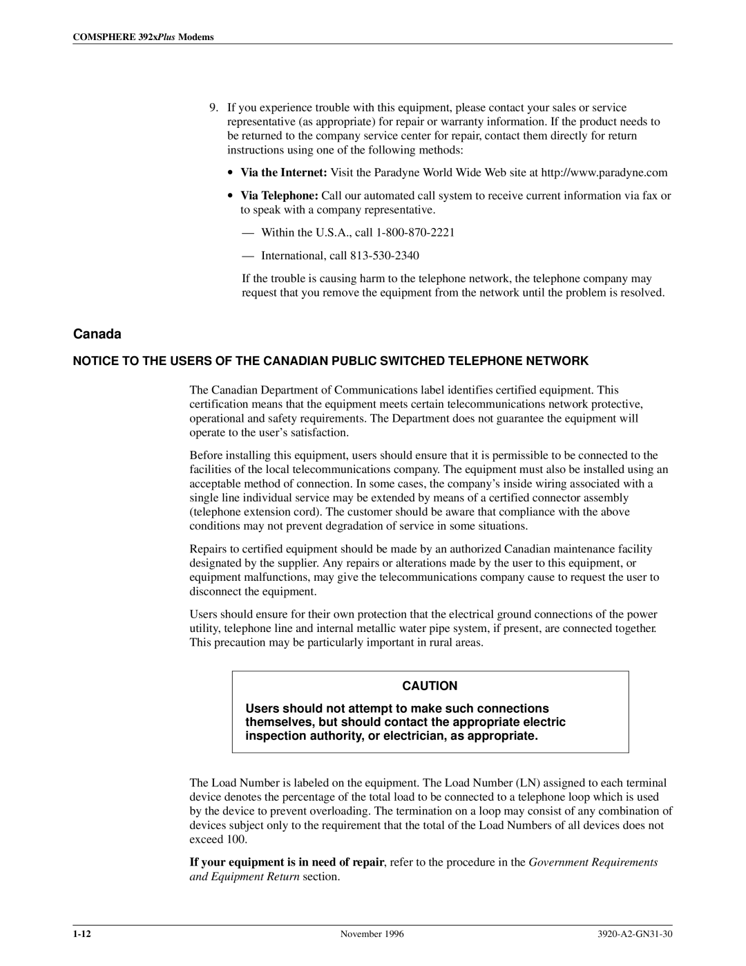 Paradyne 392xPLUS operation manual Canada 