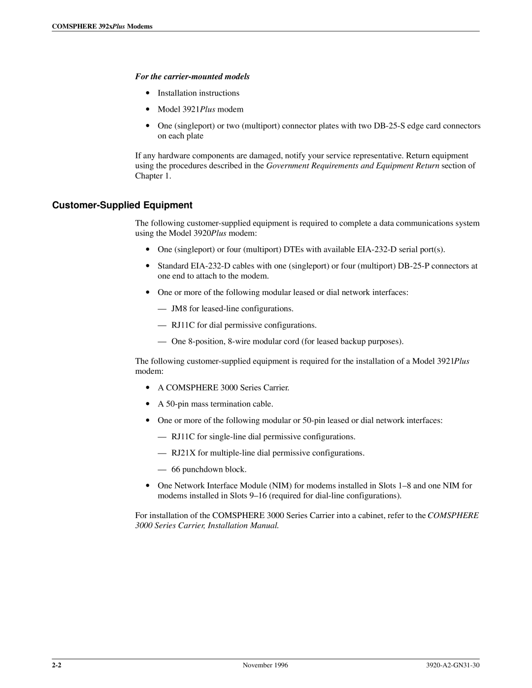 Paradyne 392xPLUS operation manual Customer-Supplied Equipment, For the carrier-mounted models 