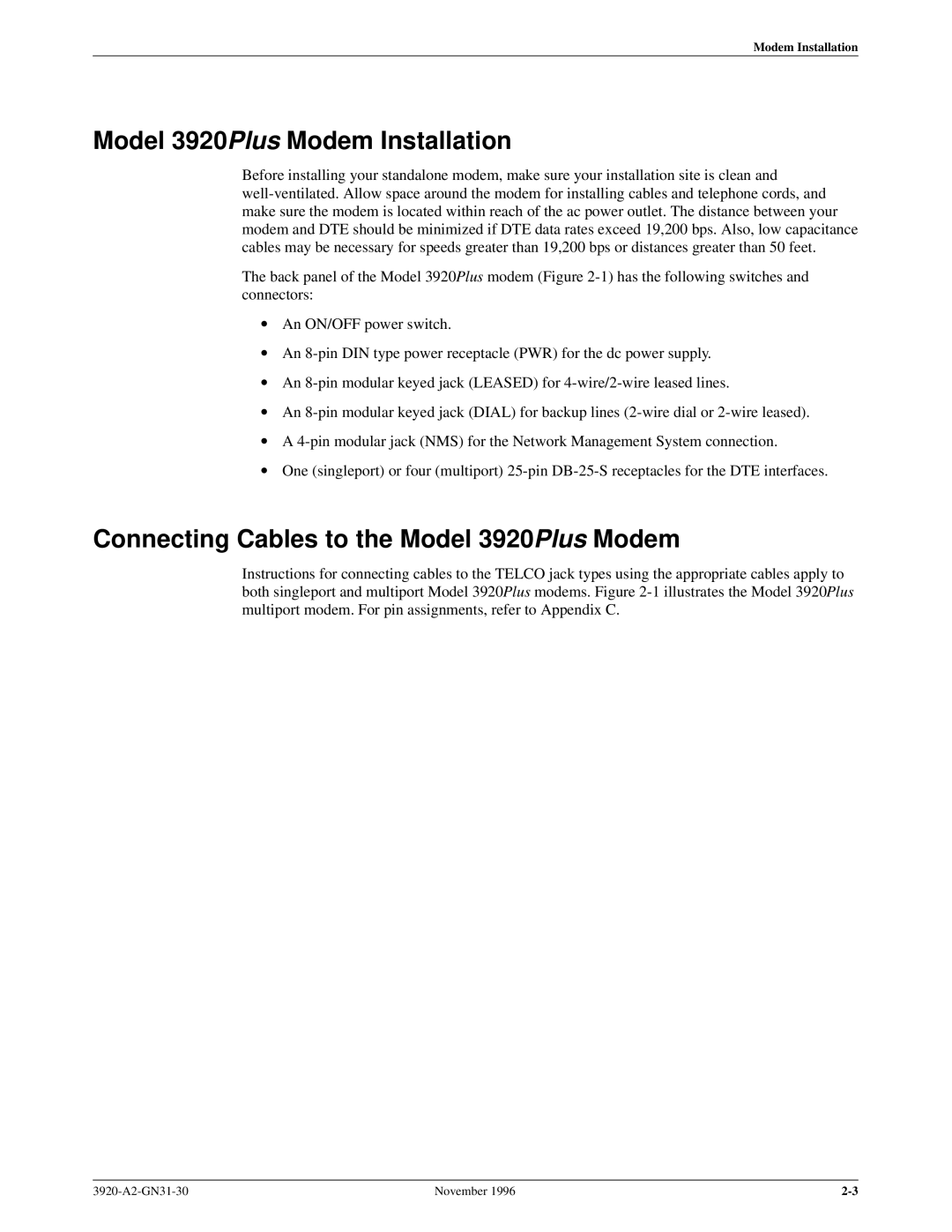 Paradyne 392xPLUS operation manual Model 3920Plus Modem Installation, Connecting Cables to the Model 3920Plus Modem 