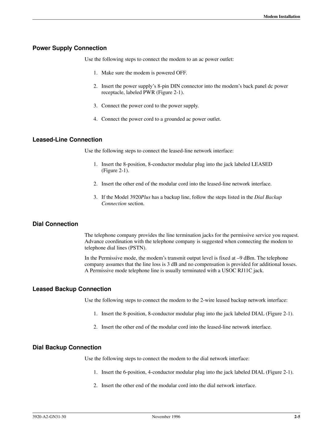 Paradyne 392xPLUS Power Supply Connection, Leased-Line Connection, Dial Connection, Leased Backup Connection 