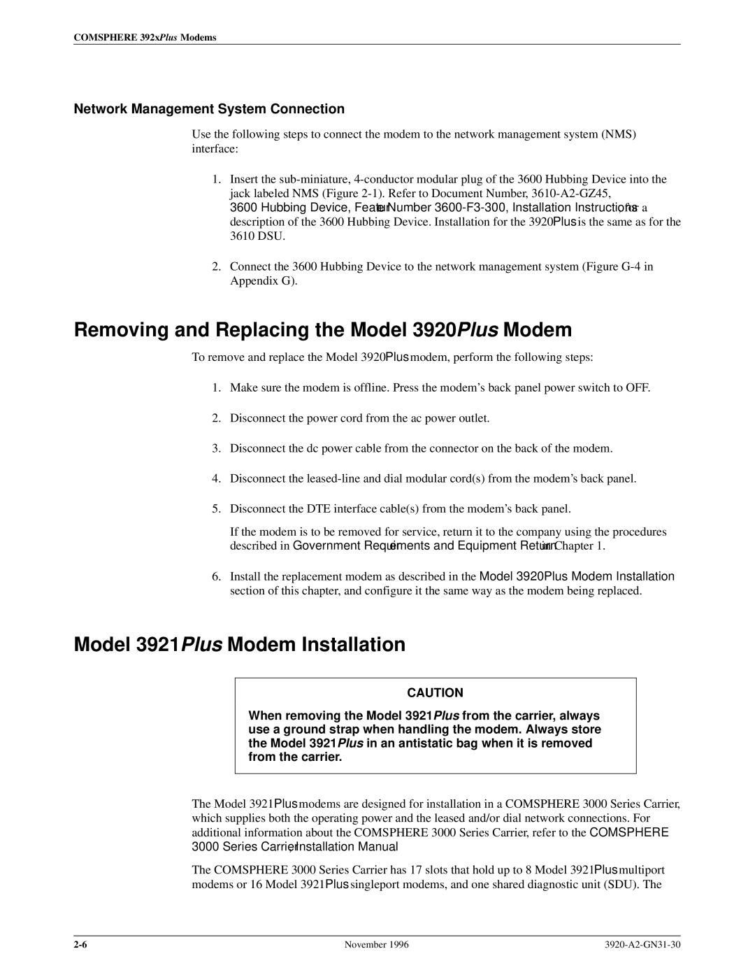 Paradyne 392xPLUS operation manual Removing and Replacing the Model 3920Plus Modem, Model 3921Plus Modem Installation 