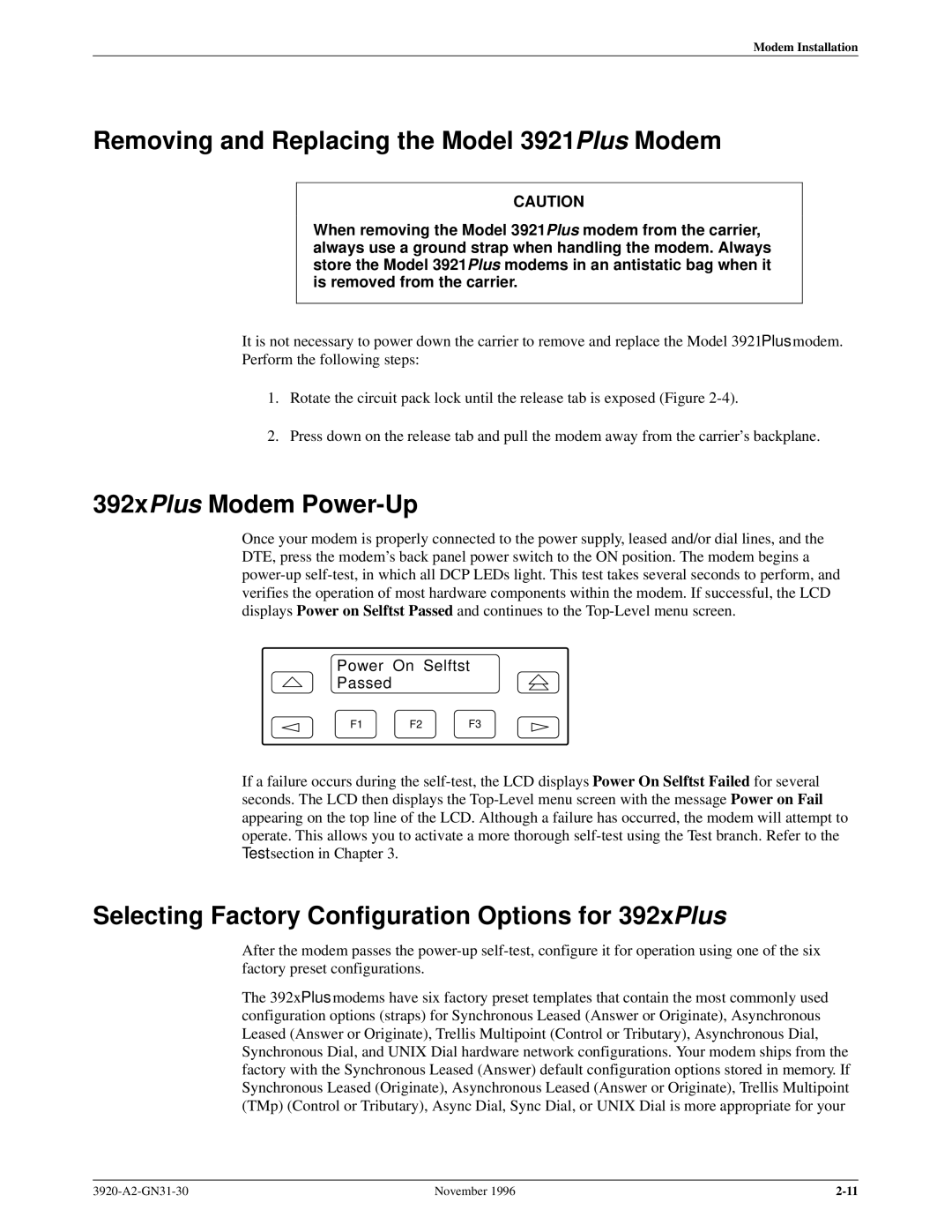 Paradyne 392xPLUS Removing and Replacing the Model 3921Plus Modem, 392xPlus Modem Power-Up, Power On Selftst Passed 