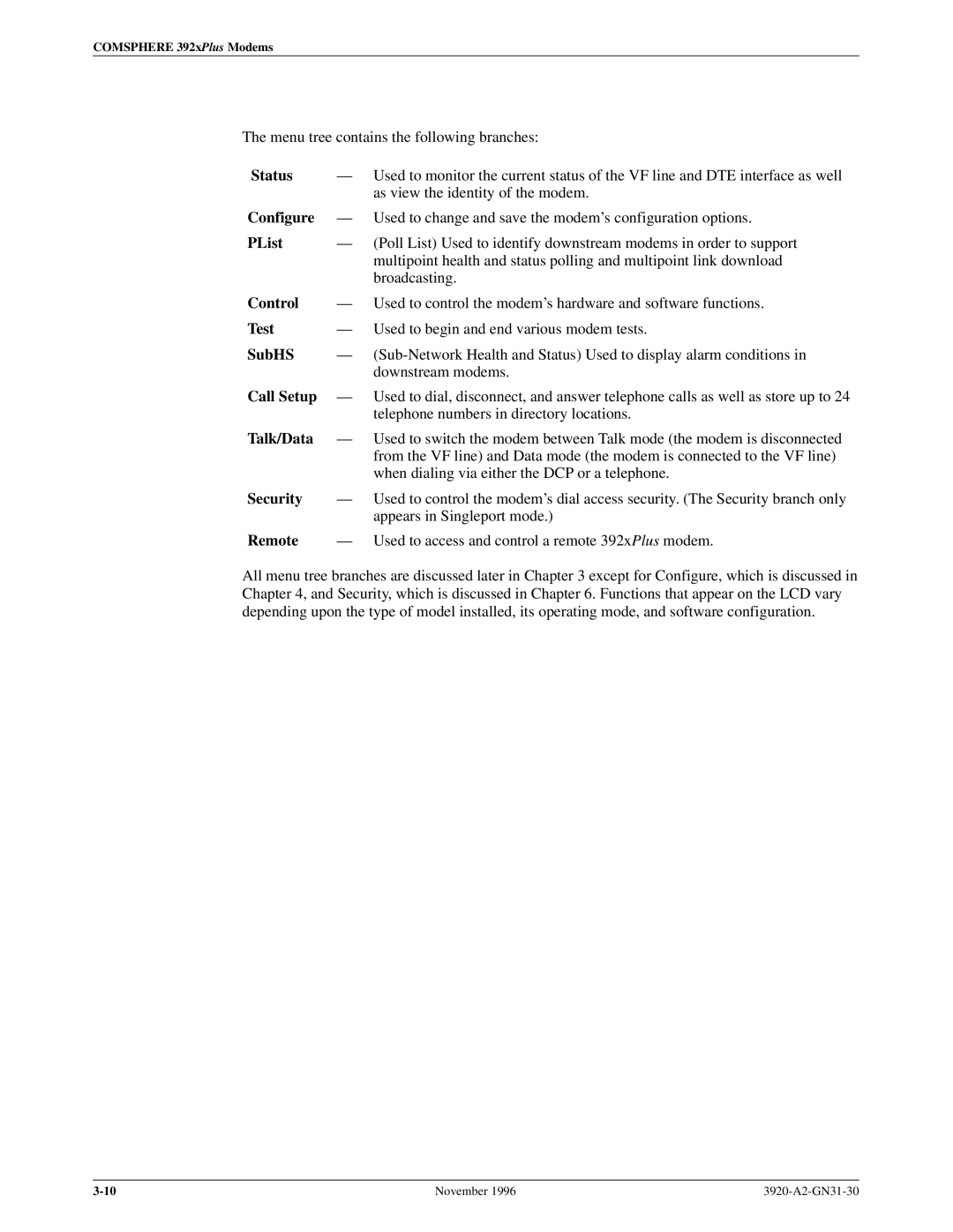 Paradyne 392xPLUS operation manual Status, Configure, PList, Control, Test, SubHS, Call Setup, Talk/Data, Security, Remote 