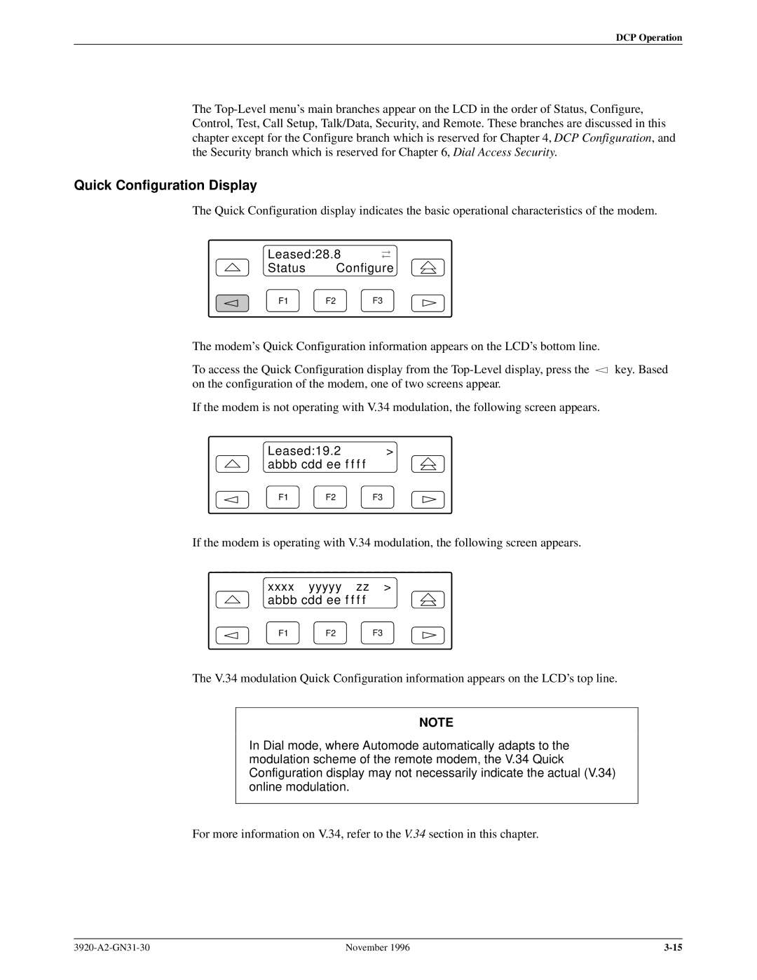 Paradyne 392xPLUS operation manual Quick Configuration Display, Leased28.8 Status Configure, Leased19.2 abbb cdd ee f f f f 