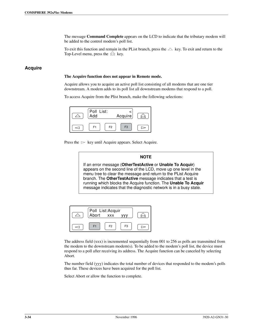 Paradyne 392xPLUS operation manual Acquire function does not appear in Remote mode, Poll List Add Acquire 