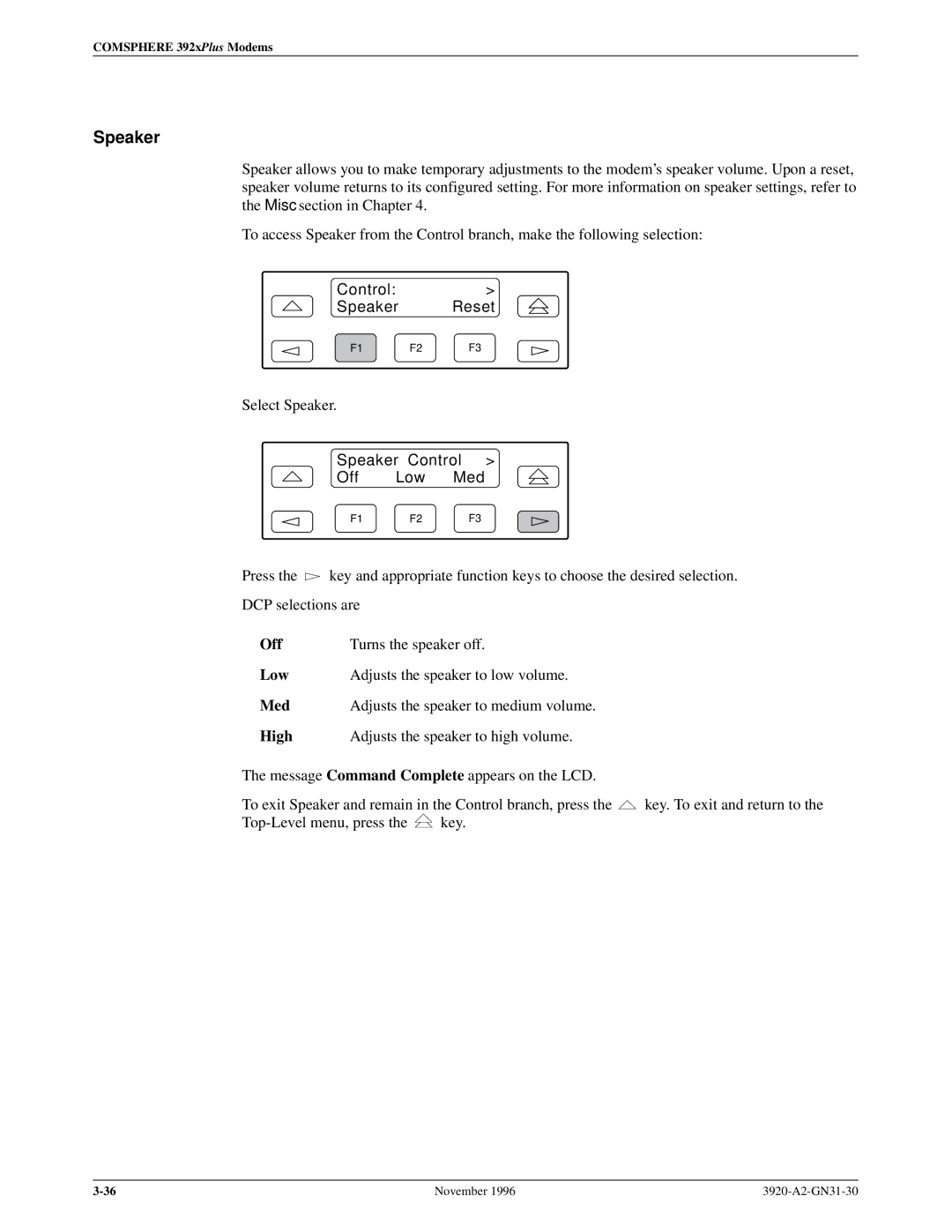 Paradyne 392xPLUS operation manual Control Speaker Reset, Speaker Control Off Low Med 