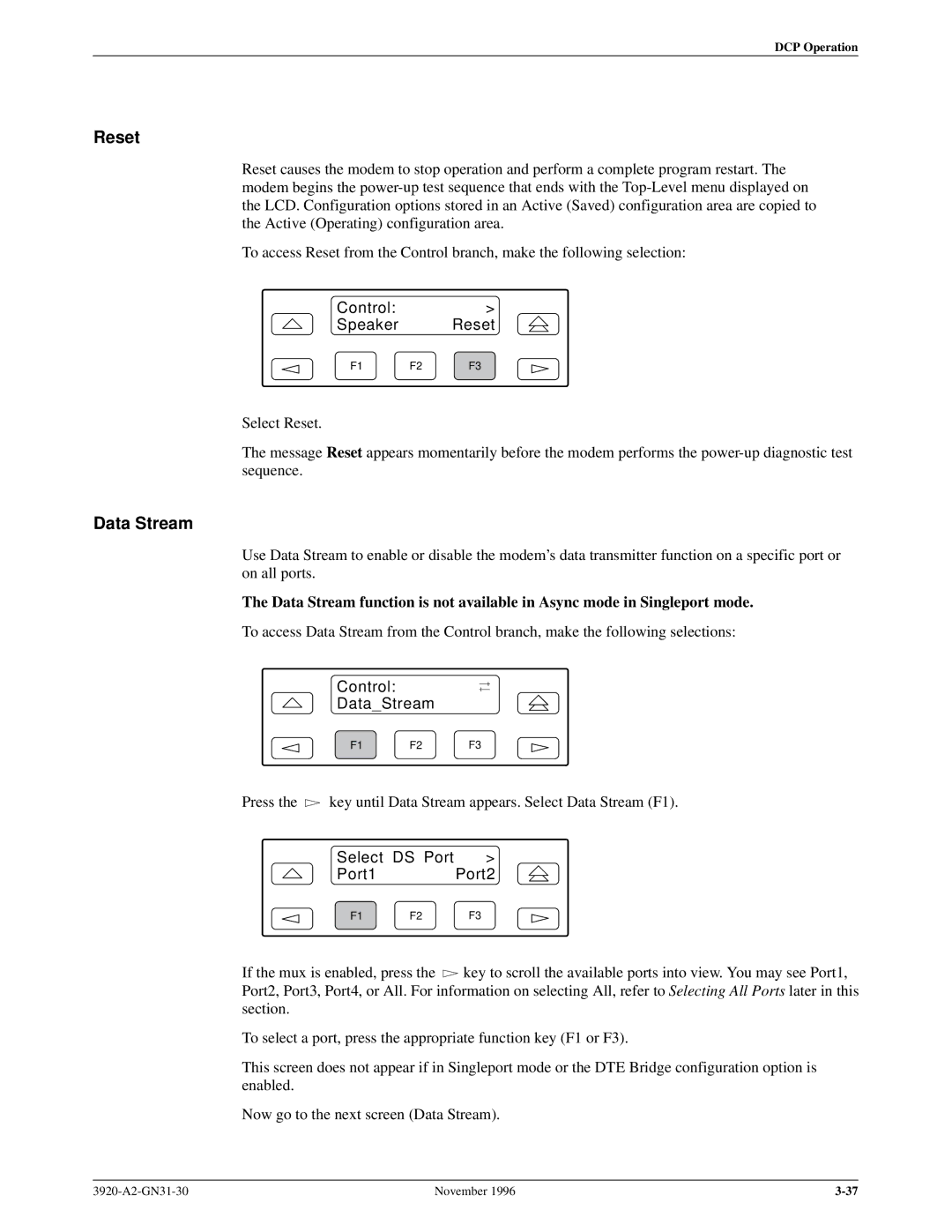 Paradyne 392xPLUS operation manual Reset, Data Stream, Control DataStream, Select DS Port Port1 Port2 