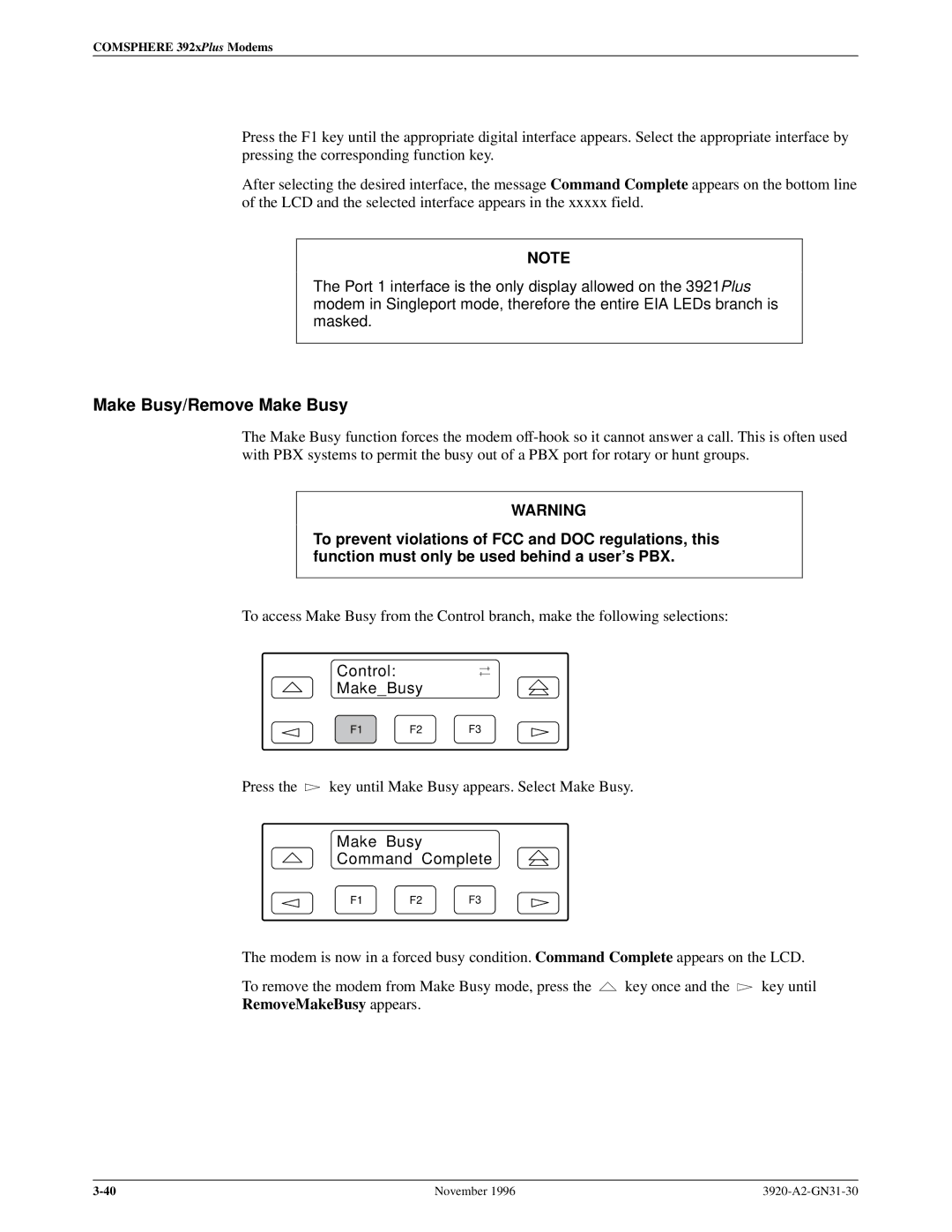 Paradyne 392xPLUS operation manual Make Busy/Remove Make Busy, Control MakeBusy, Make Busy Command Complete 