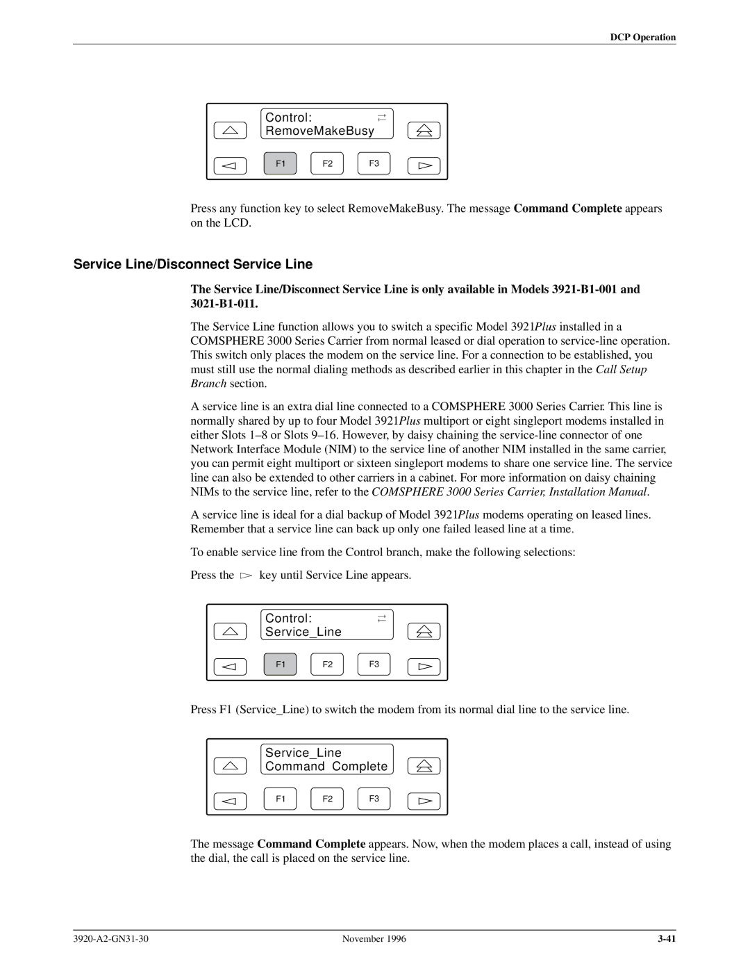 Paradyne 392xPLUS operation manual Service Line/Disconnect Service Line, Control RemoveMakeBusy, Control ServiceLine 