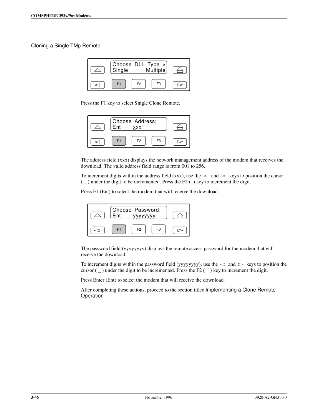 Paradyne 392xPLUS operation manual Cloning a Single TMp Remote Choose DLL Type Single Multiple, Choose Address Ent 