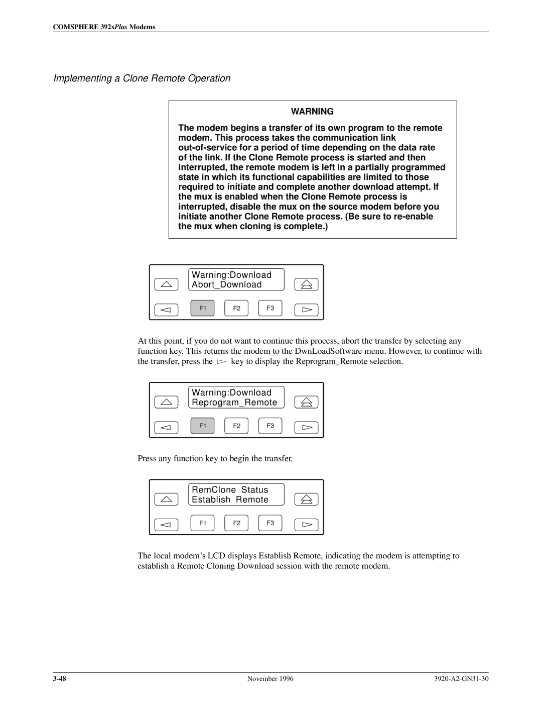 Paradyne 392xPLUS operation manual AbortDownload, ReprogramRemote, RemClone Status Establish Remote 