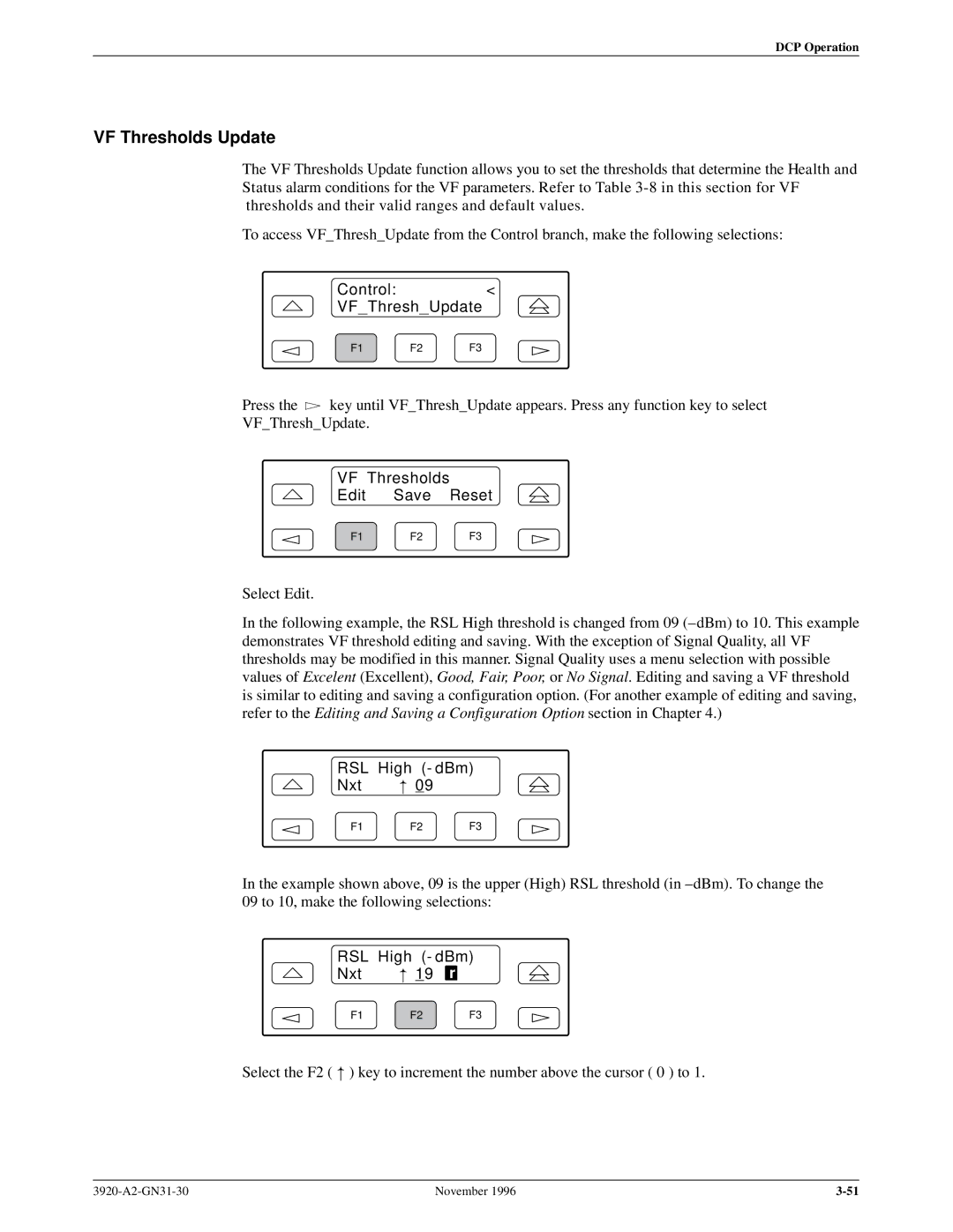 Paradyne 392xPLUS VF Thresholds Update, Control VFThreshUpdate, VF Thresholds Edit Save Reset, RSL High dBm Nxt 