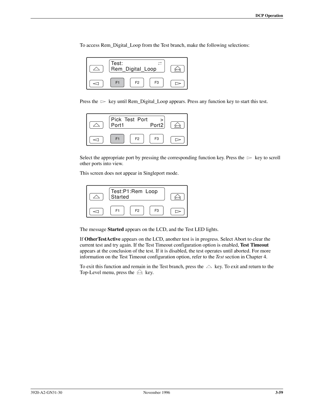 Paradyne 392xPLUS operation manual Test RemDigitalLoop, Pick Test Port Port1 Port2, TestP1Rem Loop Started 