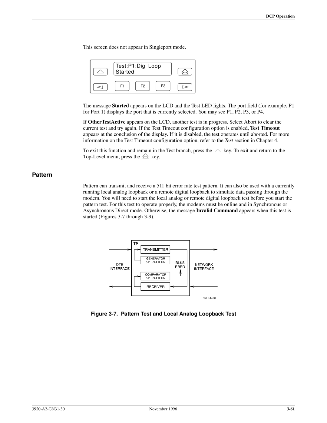 Paradyne 392xPLUS operation manual Pattern, TestP1Dig Loop Started 