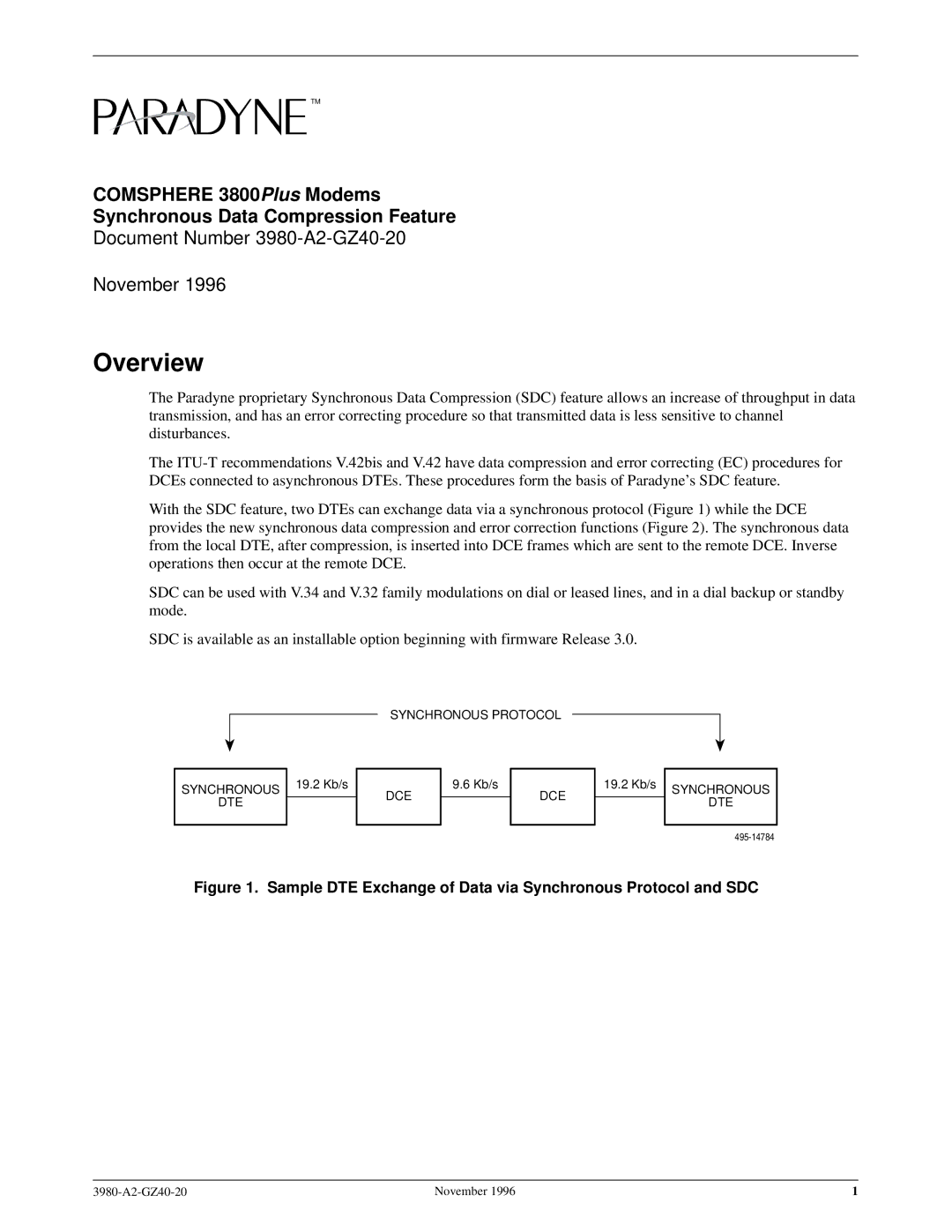 Paradyne 3980-A2-GZ40-20 manual Overview, Sample DTE Exchange of Data via Synchronous Protocol and SDC 