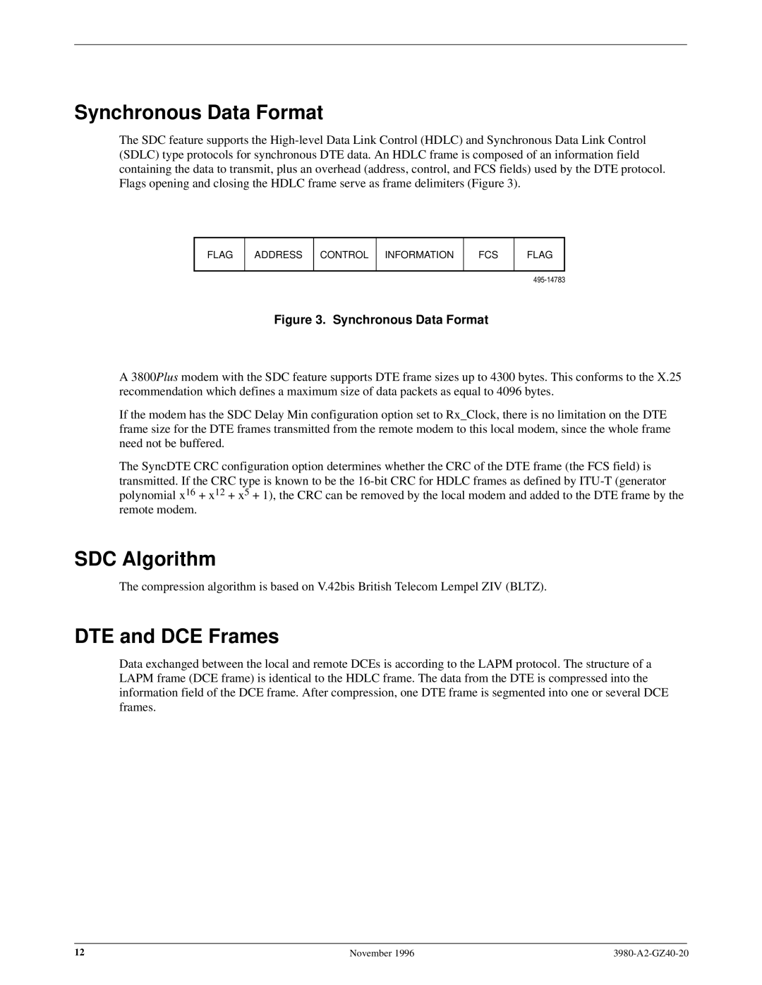 Paradyne 3980-A2-GZ40-20 manual Synchronous Data Format, SDC Algorithm, DTE and DCE Frames 