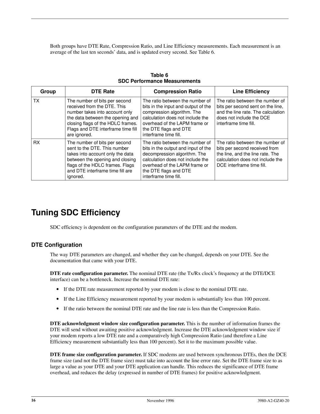 Paradyne 3980-A2-GZ40-20 manual Tuning SDC Efficiency, DTE Configuration 