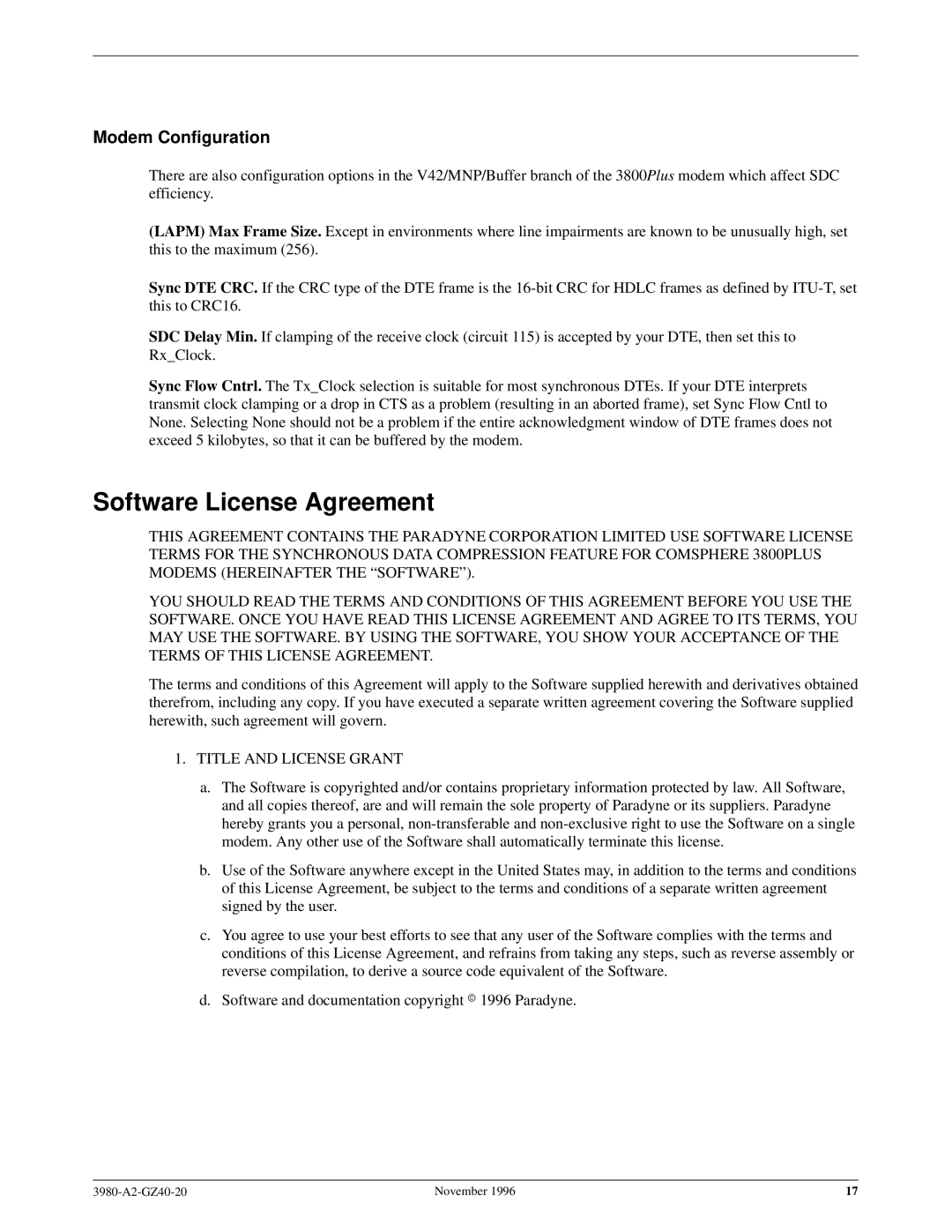 Paradyne 3980-A2-GZ40-20 manual Software License Agreement, Modem Configuration 