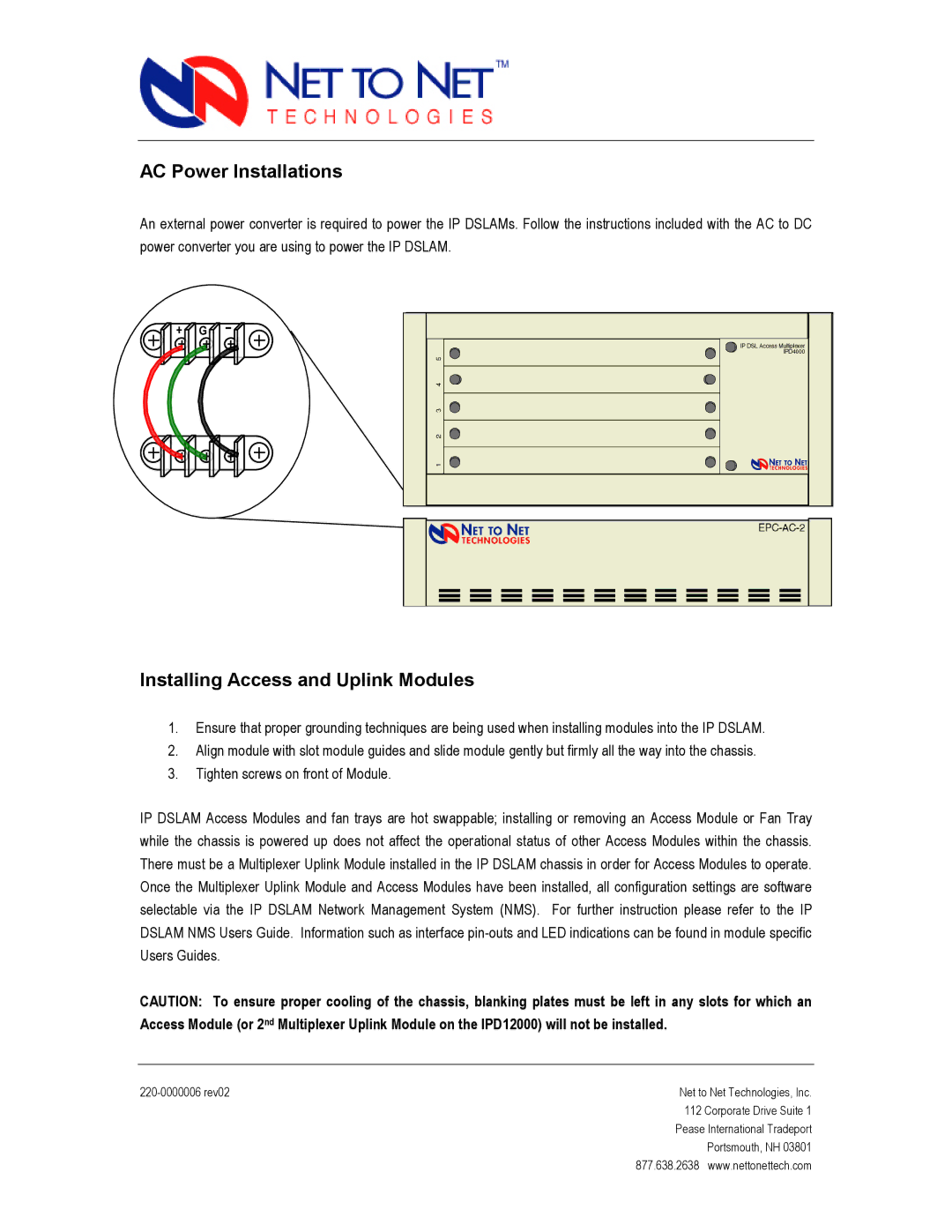 Paradyne 4000 manual AC Power Installations, Installing Access and Uplink Modules 