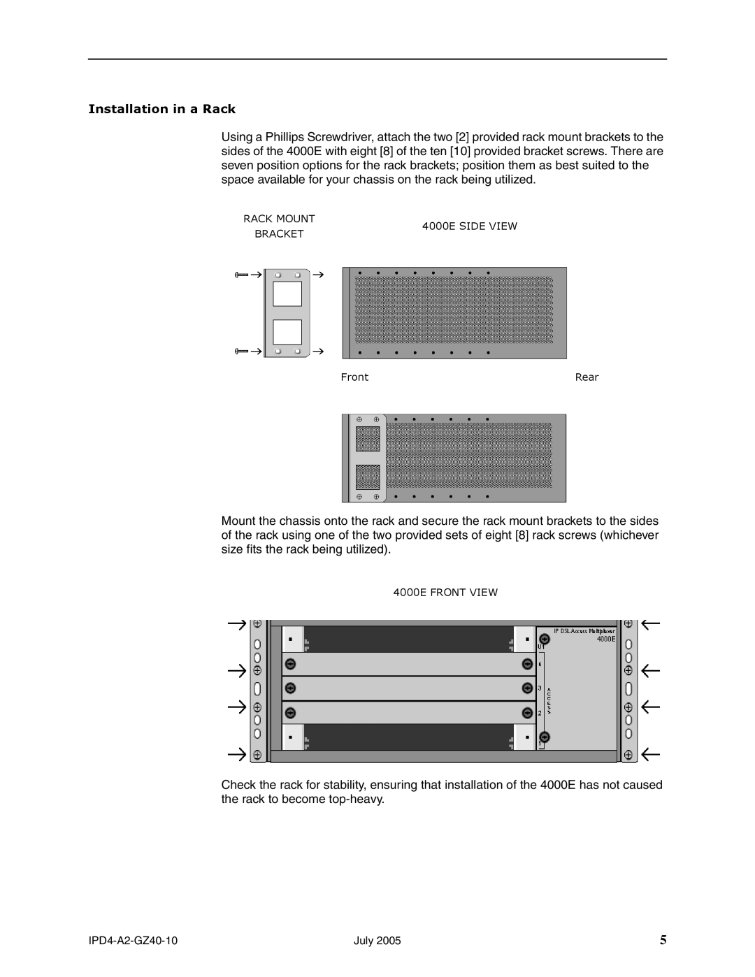 Paradyne 4000E installation instructions Installation in a Rack 