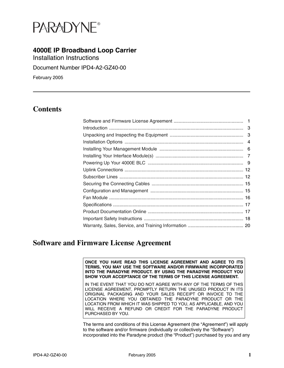 Paradyne 4000E installation instructions Contents, Software and Firmware License Agreement 