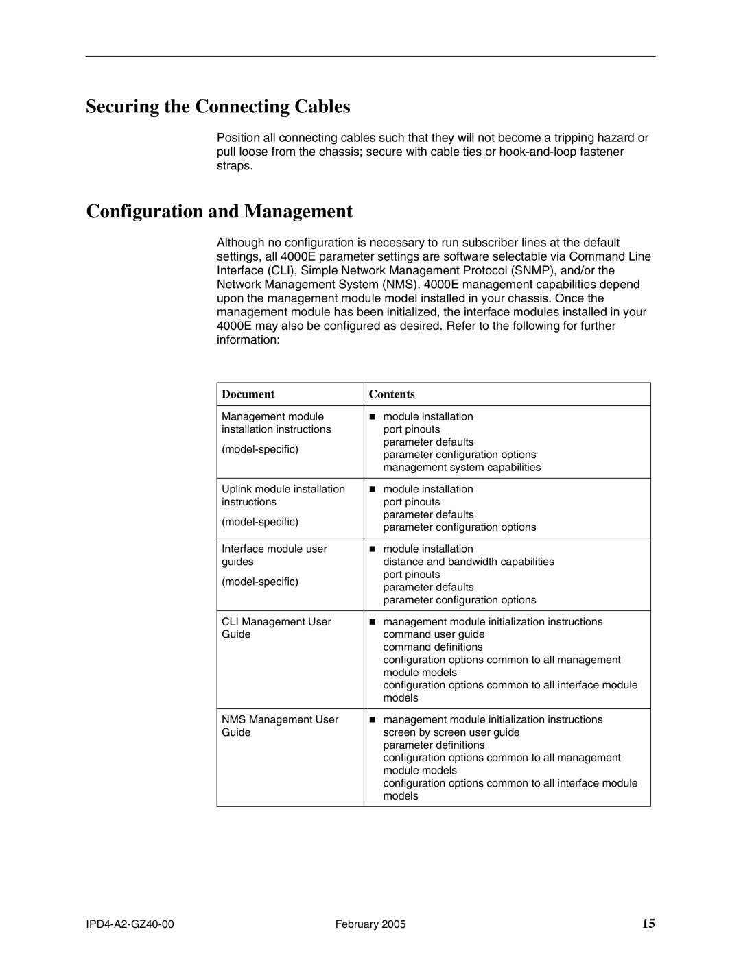 Paradyne 4000E installation instructions Securing the Connecting Cables, Configuration and Management 