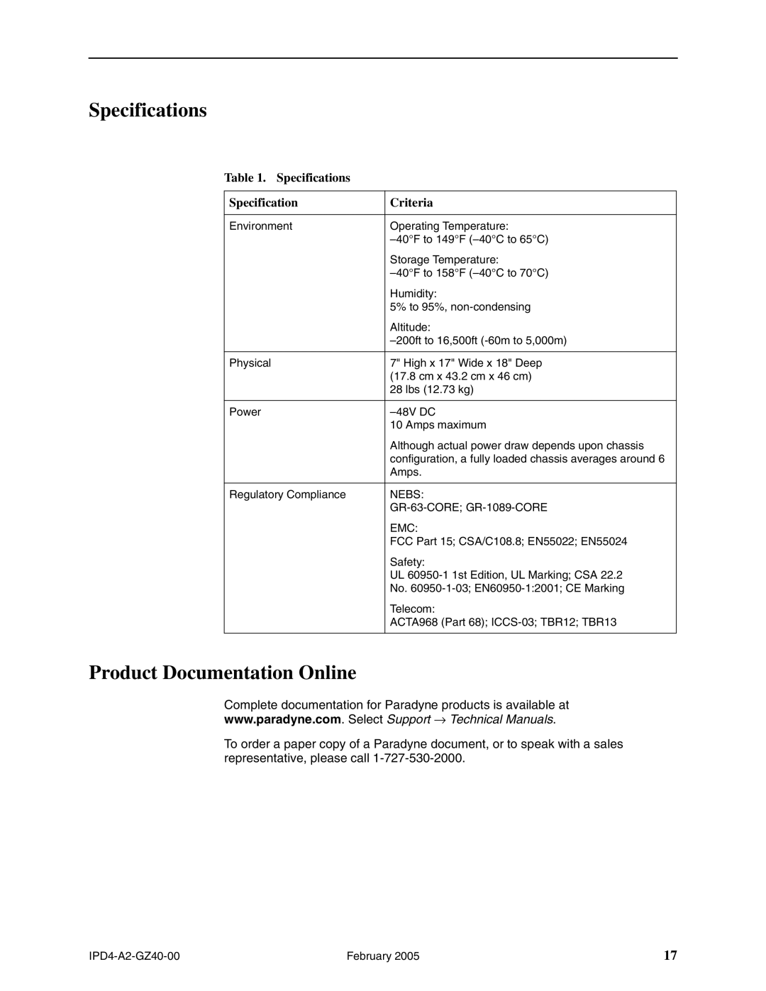 Paradyne 4000E installation instructions Specifications, Product Documentation Online 